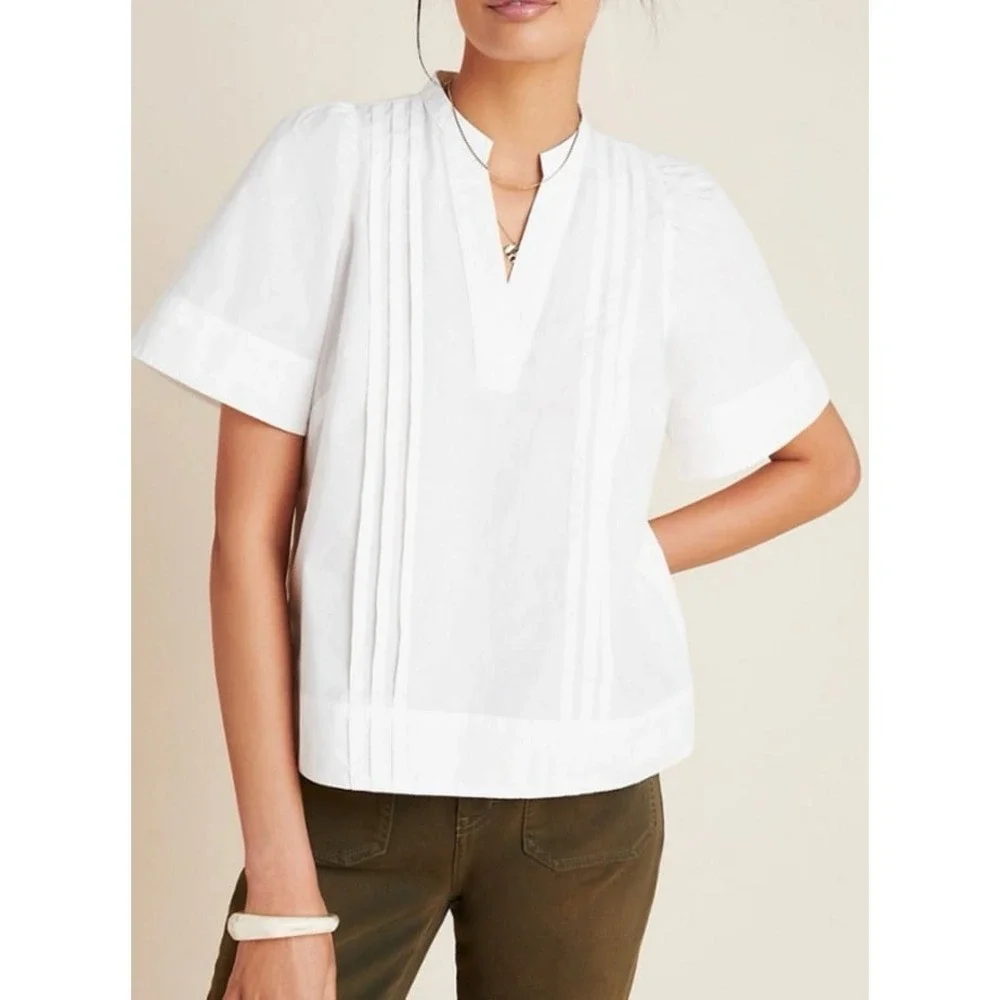 Anthropologie White Cotton Pintuck Puff Sleeve Blouse‎ Top Size 2 Coastal NWT